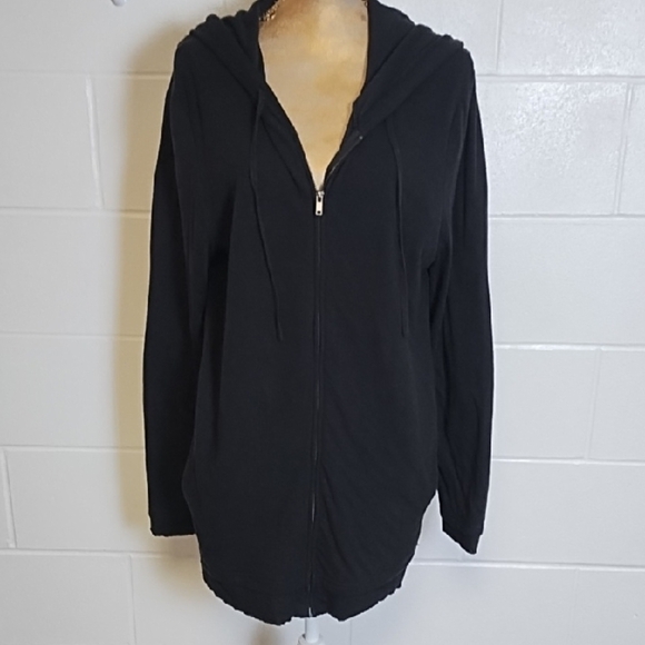 Casual Black Knit Zip Front Pocketed Long Cardigan Hoodie Raw Edged - Picture 1 of 13